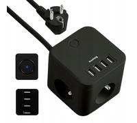 Huslog Ciabatta Multipresa Cubo 7 in 1 con 3 Prese AC, 2 USB-C e 2 USB-A, Interruttore con LED, Cavo da 1,5 m, 230V/10A, Compatta e Antiscivolo, con Messa a Terra, per Casa, Ufficio e Viaggio, Nero