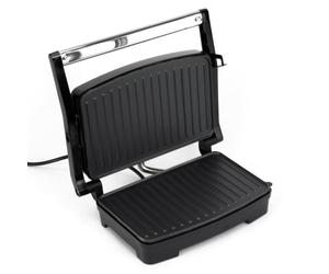 Huslog Piastra Grill 1000W per Panini e Sandwich, Piastre Antiaderenti, Impugnatura Cool Touch, Spia di Controllo, Design Compatto, Piedini Antiscivolo, Acciaio Inox, 28x22,5x8,8 cm, Nero