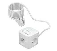 Huslog PowerHub Cubo multipresa 7 in 1, 3 prese tipo E con 4 porte di ricarica, 2 USB-C e 2 USB-A, interruttore, cavo 1,5 m, 3680 W, presa multipla compatta da scrivania, bianco