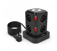 Huslog torre multipresa con 8 prese AC, 3 USB-A e 1 USB-C, protezione da sovratensione, luce notturna, interruttori individuali, 3680W, cavo da 1,8 m, multipresa verticale per ufficio e casa - nera