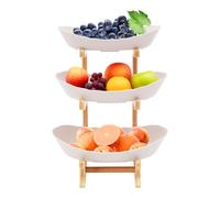 HUSPOO Scaffale per frutta a 3 ripiani, grande cestino per frutta, bambù e polipropilene per alimenti, impilabile, beige, per frutta e verdura e torte, moderno, per tavolo e piano di lavoro