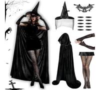 HUTRADE Costume Da Strega Nera Halloween Da Donna, Set 6 Costumi Da Stre-ga Halloween Donna Con Mantello Da Strega Vampiro Nero Da 130 Cm, Guanti In Pizzo, Per Feste In Costume Di Carnevale