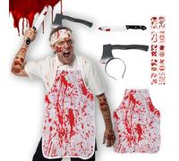 HUTRADE Costume Macellaio Halloween - Grembiule Insanguinato, Fascia Ascia, Coltello, 10 Tatuaggi Cicatrici, Horror Costume Uomo Donna, Travestimento per Festa Cosplay Adulti