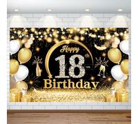 Huture Decorazioni per 18° compleanno per ragazzi e ragazze Happy 18th Birthday Banner di grandi dimensioni nero oro compleanno sfondo banner per 18 anni anniversario festa di compleanno foto puntello