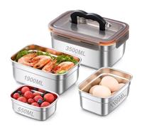 Huucozn 4Pz Contenitori Salvafreschezza in Acciaio Inox Contenitori per Alimenti con Coperchio 550/1100/1900/3500ML Contenitori Ermetici per Alimenti per Scuola Lavoro Picnic Lavastoviglie Frigorifero