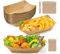Huucozn 50 Pz Vassoi Cartone Kraft,Ciotole per Patatine Fritte in Cartone,Barchette per Finger Food,Ciotole di Carta Profonde con 200 Pz Forchette in Legno per Cibi Fritti,Picnic 16,7 x 12 x 4cm