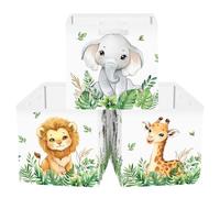 HUUMONSS 30cm Set di 3 Scatole Portaoggetti Animali della Foresta Contenitore Porta Giochi Bambini Pieghevole Leone Giraffa Elefante Cubi Portaoggetti Libreria Kallax Salotto, Pianta Verde