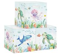 HUUMONSS 30cm Set di 3 Scatole Portaoggetti Animali Marini Alghe SqualoContenitore Porta Giochi per Bambini Pieghevole Tartaruga Razze Cubi Portaoggetti per Libreria Kallax Scuola Materna Colorato