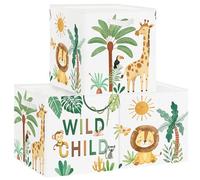 HUUMONSS 30cm Set di 3 Scatole Portaoggetti Boho Animale Woodland Contenitore Porta Giochi per Bambini Pieghevole Leone Giraffa Palme Cubi Portaoggetti per Libreria Kallax Scuola Materna Bianco