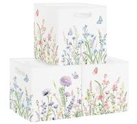 HUUMONSS 30cm Set di 3 Scatole Portaoggetti Fiore Selvatico Contenitore Porta Giochi per Bambini Pieghevole Farfalla Giardino Cubi Portaoggetti per Libreria Kallax Scuola Materna,Cespuglio Piante