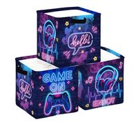 HUUMONSS 30cm Set di 3 Scatole Portaoggetti Neon Gamer Videogiocatori Contenitore Porta Giochi per Bambini Pieghevole Gioco Cuffie LED Cubi Portaoggetti per Libreria Kallax Scuola Materna,Colorato
