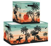 HUUMONSS 30cm Set di 3 Scatole Portaoggetti Spiaggia Tropicale Contenitore Porta Giochi per Bambini Pieghevole Palme Tramonto Cubi Portaoggetti per Libreria Kallax Camera da Letto Rosso