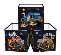 HUUMONSS 30cm Set di 3 Scatole Portaoggetti Veicoli da Cantiere Contenitore Porta Giochi Bambini Pieghevole Automobili Cubi Portaoggetti Libreria Kallax Scuola Materna, Monster Truck