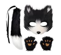 Huvqianu Plush Wolf Face Cover Kit, Furry Fox Face Cover Tail Paw Gloves Set, Cosplay Accessories, Funny Animal Costume 7,68 x 7,48 pollici per Halloween, morbido e comodo design