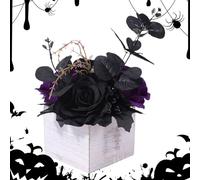 Huxibai Decorazione floreale di Halloween | Bouquet artificiale di fiori neri con vaso di legno per il giorno dei morti | centrotavola in stile gotico per la decorazione degli hotel residenze e affari