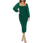 HUXRAKV HUXRKV Vestito Donna Elegante Maniche Lunghe Abiti da Cerimonia con Scollo Quadrato Cocktail Party Feste Ballo Festa Autunno e Inverno, WD46-Verde,XL