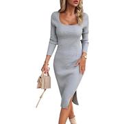 HUXRAKV Maglione Vestito Donna Casual Maniche Lunghe Midi Aderente Abito a Maglia Autunno Inverno,WD41-Grigio,XL