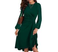 HUXRAKV Vestito Donna Elegante da Cerimonia Abito Solido Pieghe in Vita Abito Midi con Linea ad A Vestiti da Cocktail Maniche Lunghe Autunno Inverno,WD42-Verde Scuro,XL