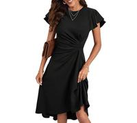 HUXRAKV Vestito Donna Elegante da Cerimonia Abito Solido Pieghe in Vita Abito Midi con Linea ad A Vestiti da Cocktail Estivi con Maniche a Volante,52-Nero,M