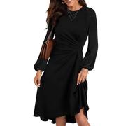 HUXRAKV Vestito Donna Elegante da Cerimonia Abito Solido Pieghe in Vita Abito Midi con Linea ad A Vestiti da Cocktail Maniche Lunghe Autunno Inverno,WD42-Nero,XL