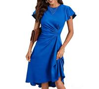 HUXRAKV Vestito Donna Elegante da Cerimonia Abito Solido Pieghe in Vita Abito Midi con Linea ad A Vestiti da Cocktail Estivi con Maniche a Volante,52-Blu,L