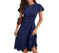 HUXRAKV Vestito Donna Elegante da Cerimonia Abito Solido Pieghe in Vita Abito Midi con Linea ad A Vestiti da Cocktail Estivi con Maniche a Volante,52-Blu Scuro,M