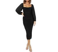 HUXRKV Vestito Donna Elegante Maniche Lunghe Abiti da Cerimonia con Scollo Quadrato Cocktail Party Feste Ballo Festa Autunno e Inverno, WD46-Nero,XL