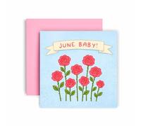 Huxters Biglietto di auguri per neonato di giugno, grazioso fiore di nascita con rosa e sfondo blu, dettaglio striscione e design per l'arrivo estivo, per i neo genitori (giugno)