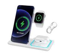 Huybaa Stazione di ricarica wireless pieghevole 3 in 1 per iPhone 16/15/14/13/12/11 + Watch Ultra/SE/10-6 + AirPods - Veloce, regolabile a 70°, compatibile con custodie ≤4 mm