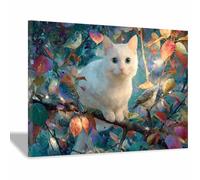 HUYEEI Animale Quadro su Tela, Gatto appollaiato su un ramo, Quadri Moderni Stampe Soggiorno Camera Letto appartamento Poster Parete Immagine Decorazione(bianco)-50x70cm Incorniciato