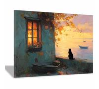 HUYEEI Animale Quadro su Tela, Gatto che guarda il mare, Quadri Moderni Stampe Soggiorno Camera Letto appartamento Poster Parete Immagine Decorazione(arancione)-80x120cm Incorniciato