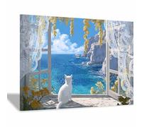 HUYEEI Animale Quadro su Tela, Gatto che guarda il mare, Quadri Moderni Stampe Soggiorno Camera Letto appartamento Poster Parete Immagine Decorazione(bianco)-60x90cm Incorniciato