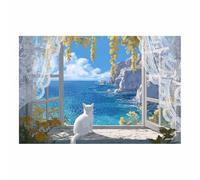 HUYEEI Animale Quadro su Tela, Gatto che guarda il mare, Quadri Moderni Stampe Soggiorno Camera Letto appartamento Poster Parete Immagine Decorazione(bianco)-60x90cm Non incorniciato