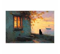 HUYEEI Animale Quadro su Tela, Gatto che guarda il mare, Quadri Moderni Stampe Soggiorno Camera Letto appartamento Poster Parete Immagine Decorazione(arancione)-30x50cm Non incorniciato