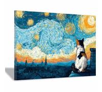 HUYEEI Animale Quadro su Tela, Gatto che osserva le stelle, Quadri Moderni Stampe Soggiorno Camera Letto appartamento Poster Parete Immagine Decorazione(blu)-80x120cm Incorniciato