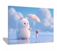 HUYEEI Animale Quadro su Tela, Gatto con un ombrello, Quadri Moderni Stampe Soggiorno Camera Letto appartamento Poster Parete Immagine Decorazione(blu e bianco)-30x50cm Incorniciato