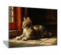HUYEEI Animale Quadro su Tela, Gatto sdraiato sulla porta, Quadri Moderni Stampe Soggiorno Camera Letto appartamento Poster Parete Immagine Decorazione(marrone)-80x120cm Incorniciato