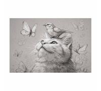 HUYEEI Animale Quadro su Tela, Miao giocando con le farfalle, Quadri Moderni Stampe Soggiorno Camera Letto appartamento Poster Parete Immagine Decorazione(Bianco e nero)-60x90cm Non incorniciato