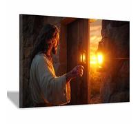 HUYEEI da parete su tela di Gesù Bussare alla Porta Stampa artistica,Dipinto cristiano per camera da letto, soggiorno, ufficio, cucina corridoio(arancione15)-60x80cm Incorniciato