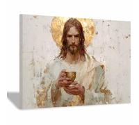 HUYEEI da parete su tela di Gesù Santo Tenere in Mano la Coppa Stampa artistica,Dipinto cristiano per camera da letto, soggiorno, ufficio, cucina corridoio(bianco195)-40x60cm Incorniciato