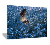 HUYEEI Decorazione murale su tela raffigurante Gesù Letture tra i fiori grande decorazione pittura,arredamento cattolico per chiesa,ufficio, soggiorno,bagno(blu120)-40x60cm Incorniciato