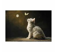 HUYEEI dipinti artistici su tela, Gatti che inseguono le farfalle, manifesti e stampe arte della parete per soggiorno decorazione da parete moderna per la casa(bianco)-50x70cm Non incorniciato