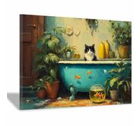 HUYEEI dipinti artistici su tela, Gatto che gioca con i pesci, manifesti e stampe arte della parete per soggiorno decorazione da parete moderna per la casa(blu)-60x90cm Incorniciato