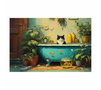 HUYEEI dipinti artistici su tela, Gatto che gioca con i pesci, manifesti e stampe arte della parete per soggiorno decorazione da parete moderna per la casa(blu)-80x120cm Non incorniciato