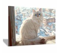 HUYEEI dipinti artistici su tela, Gatto che guarda la città, manifesti e stampe arte della parete per soggiorno decorazione da parete moderna per la casa(bianco)-60x90cm Incorniciato