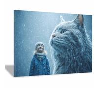 HUYEEI dipinti artistici su tela, Gatto che incontra un bambino, manifesti e stampe arte della parete per soggiorno decorazione da parete moderna per la casa(blu e bianco)-80x120cm Incorniciato