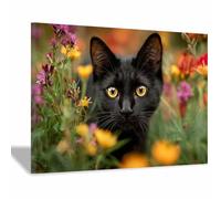 HUYEEI dipinti artistici su tela, Gatto nascosto tra i fiori, manifesti e stampe arte della parete per soggiorno decorazione da parete moderna per la casa(nero)-20x30cm Incorniciato
