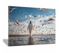 HUYEEI Dipinto in stile classico di Gesù Cristo L'acqua si muove in uno stormo stampa murale con figura religiosa, per soggiorno, camera da letto, chiesa, ospedale(bianco147)-40x60cm Incorniciato