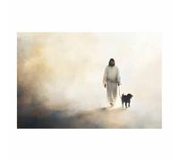 HUYEEI Stampa artistica di Gesù Portare a spasso il Cane nella Nebbia pittura religioso,adatto per la decorazione murale in sala di preghiera,cristianesimo(bianco08)-70x100cm Non incorniciato