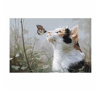 HUYEEI Tela artistica da parete, Gatti che giocano con le farfalle, moderna arte, per chambre à coucher da letto soggiorno ufficio Decorazioni della casa(bianco)-50x70cm Non incorniciato